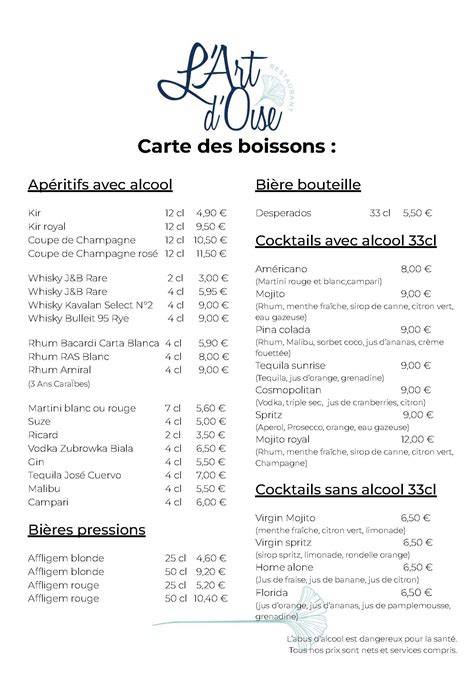 carte et tarifs des pizzas et boissons